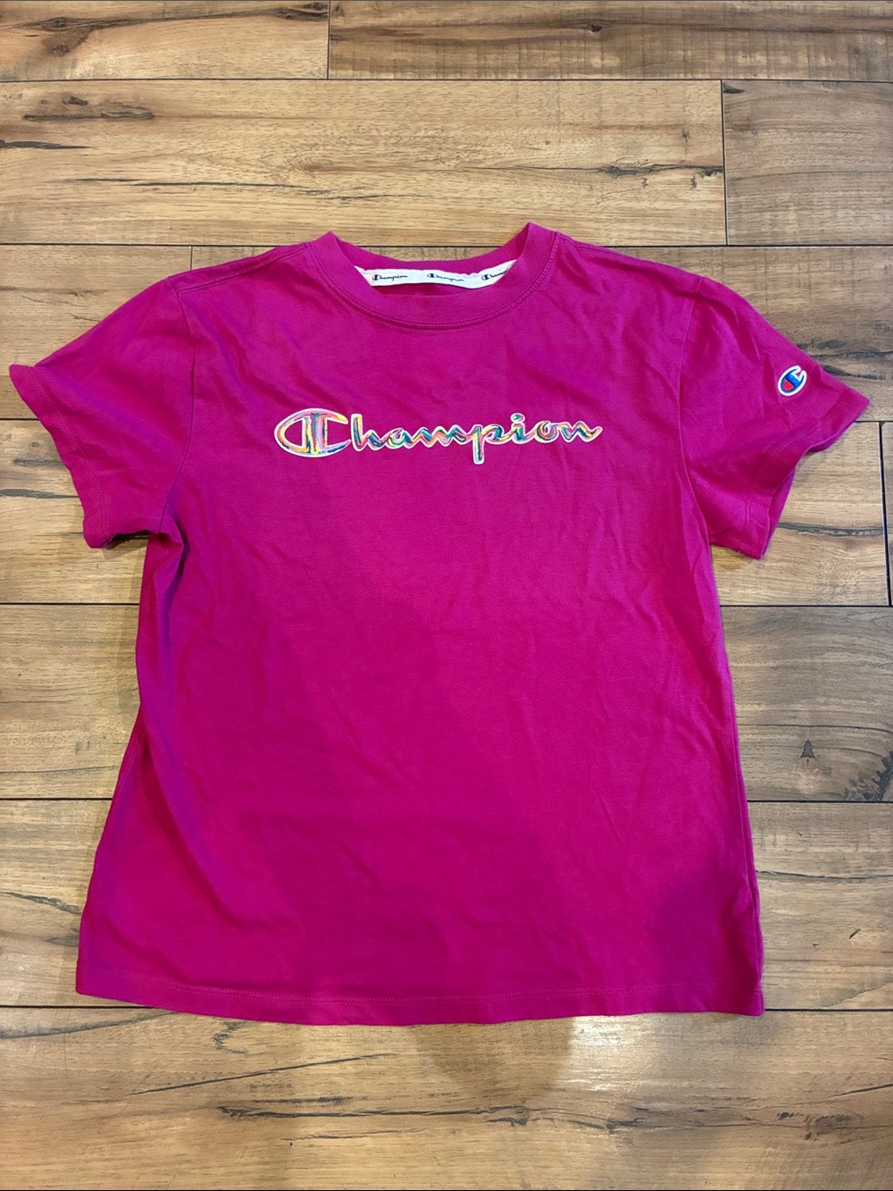 Champion Hot Pink Logo Tee with Multicolor Stitching